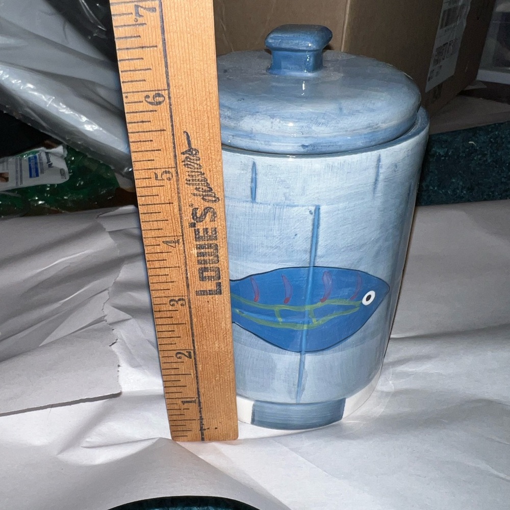 September Inc. Hand Painted Ceramic Nautical Blue Art Deco Jar W/ Lid Vintage - Picture 11 of 12